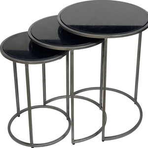 Set of Three Black and Gray Marble Nested Tables with Iron Round Frames for Living Room