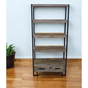 HMS 71 Brown Distressed Solid Wood Four-Tier Etagere Bookcase with Practical Two Drawers