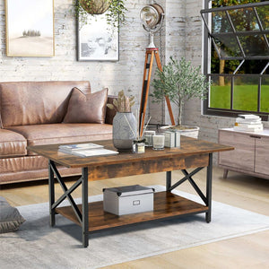 2-Tier Industrial Rectangular Coffee Table with Practical Storage Shelf