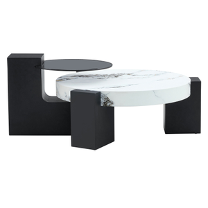 Modern Simple Double-Layer Coffee Table Transparent Gray Glass Top Black MDF L-Shaped Detachable Design Provides Flexible Use