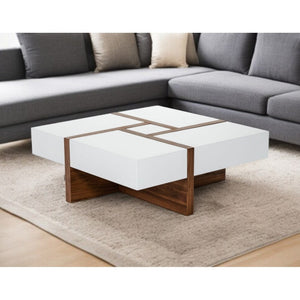 HMS 39\" Brown and White Wood Square Solid Coffee Table with Four Drawers