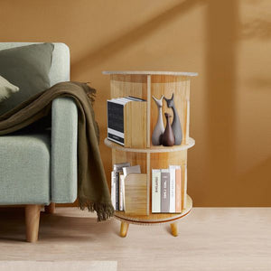 2-Layer 360-Rotation Pine Wood Bookcase Display Rack and Bookshelf