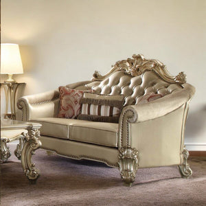 HMS 67 Home Furniture Gold and Bone Faux Leather Loveseat Set with Toss Pillows One-Seater Sectional Sofa for Living Room