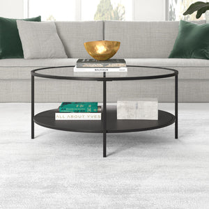 HMS 36\" Farmhouse Style Round Coffee Table with Black Steel Frame Tempered Glass Top Featuring Shelf for Living Room Furniture