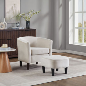 Modern White Velvet Accent Chair with Ottoman Sleek Barrel Armchair for Living Room or Bedroom