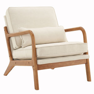 Single Indoor Lounge Chair with Oak Armrests Oak Upholstered Off-White for Living Room