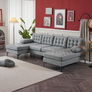 Light Gray U-Shape Indoor Sectional Sofa Soft-Covered Armrest Backrest Pull Point Wooden Frame Iron Frame Black Feet Living Room