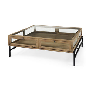HMS 42\" Clear and Black Glass and Metal Square Coffee Table with Two Drawers and Shelf