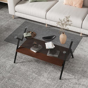 Modern Rectangle Coffee Table Tempered Glass Top Black MDF Shelf Convertible Design for Living Room Entry Scandinavian Style