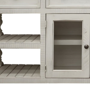HMS 81 Ivory Solid Wood Open Shelving Distressed TV Stand Handcrafted with Distinctive Distress Finish