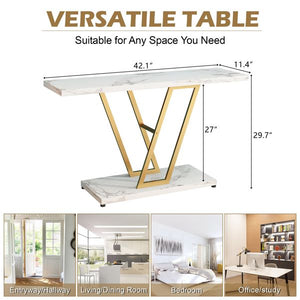42 Inch Industrial Console Table Easy Assembly Gold/White Metal Frame Entryway Sofa Table Living Room Hallway Table Narrow Table
