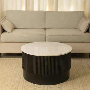 HMS 31\" White and Dark Brown Genuine Marble Drum Coffee Table with Solid Wood Round Design