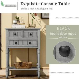 Gray Wash Narrow Console Table with Three Storage Drawers and Bottom Shelf Easy Assembly Slim Sofa Table for Living Room