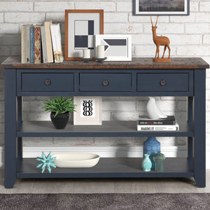 48'' Solid Pine Wood Top Console Table, Modern Entryway Sofa Side Table with 3 Storage Drawers and 2 Shelves
