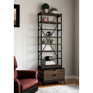 HMS Traditional Contemporary Five Tier Bookshelf Solid Wood Black Iron with Two Drawers for Home Office Workshop Hotel Use