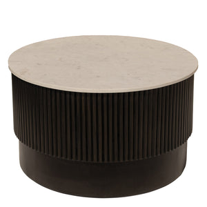 HMS 31\" White and Dark Brown Genuine Marble Drum Coffee Table with Solid Wood Round Design