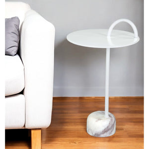 HMS 25\" White Iron and Marble Round Pedestal End Table Elegant Coffee Table with Intricate Design