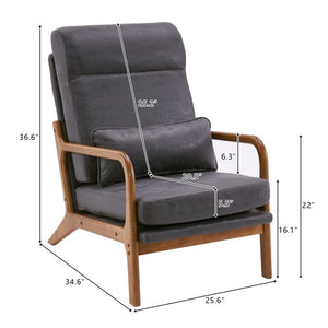 High Back Solid Wood Armrest & Backrest Indoor Leisure Chair Iron Frame with Bronzing Cloth Dark Grey for Living Room