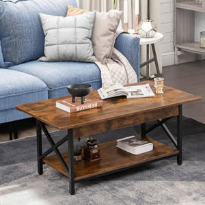2-Tier Industrial Rectangular Coffee Table with Practical Storage Shelf