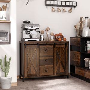 Rustic Brown Kitchen Sideboard Cabinet with Barn Doors 3-Drawers Adjustable Shelves Living Room Buffet Storage Rustic Brown
