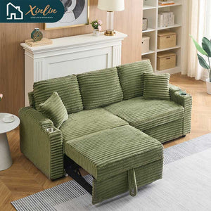 Free Shipping US 80-inch Two-in-one Pull-out, Foldable and Hidden Chaise Longue Corduroy Sofa With Cup Holders and Pillows