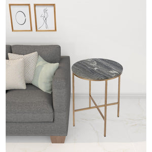 HMS 23\" Traditional Round End Table with Brass & Gray Marble Featuring Mango and Drawer for Living Room or Entry Use