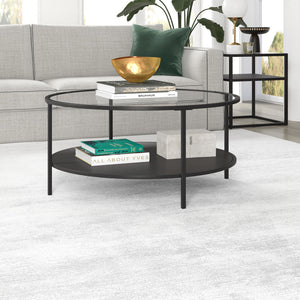 HMS 36\" Farmhouse Style Round Coffee Table with Black Steel Frame Tempered Glass Top Featuring Shelf for Living Room Furniture
