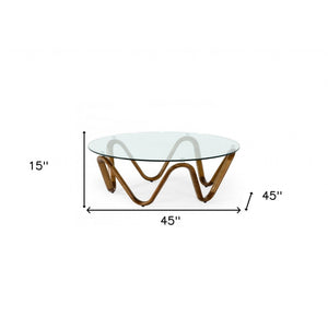 HMS 45 Clear and Brown Glass Round Abstract Solid Wood Coffee Table