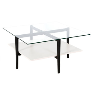 HMS 32\" White and Black Glass and Steel Square Coffee Table with Shelf