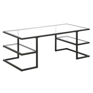 HMS 47\" Black Glass and Steel Coffee Table with Two Shelves Elegant Living Room Furniture for Home Use