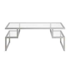 HMS 45 Convertible Silver Glass Steel Coffee Table Two Shelves Tempered Glass Top Farmhouse Style Side for Tea for Living Room