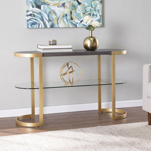 HMS 49\" Gray and Gold Solid Wood Oval Sled Console Table with Storage Elegant Coffee Table Design