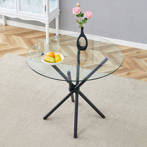 FCJ Circular Transparent Tempered Glass Coffee Table 36.6-Inch Diameter 0.3-Inch Thick with Ring-Shaped Black Metal Desktop