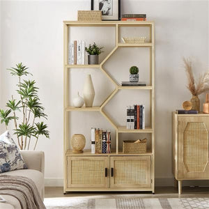 7 Tiers Natural Rattan Bookshelf 39.4'' W X 13.8'' D X 75.6'' H Storage Rack Cabinet for Living Room or Home Office