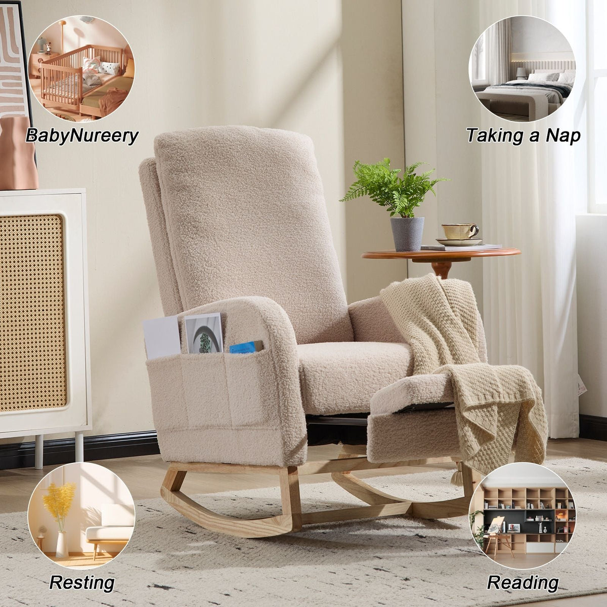 Modern Accent High Backrest Rocking Chair Solid Wood Legs Beige Teddy Upholstered Nursery Glider Rocker Comfy Living Room