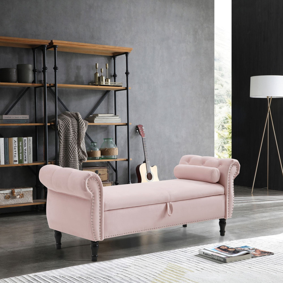 Aijia 63\" Pink Velvet Rectangular Chaise Lounge Stool Multifunctional Storage Tufted Nailhead Trim Solid Wood Legs 1 Pillow