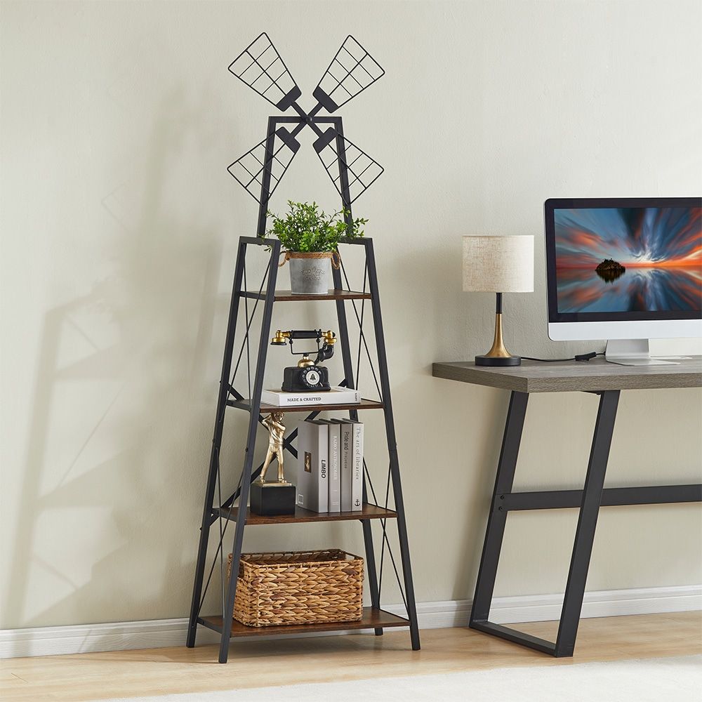 4-Tier Bookshelf with Windmill Metal Frame Display Storage Shelves Bookcase Organizer for Living Room & Home Office