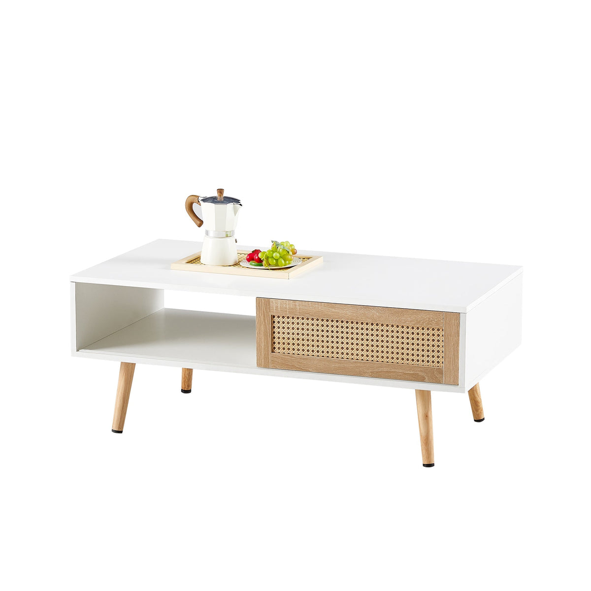Natural Rattan Coffee  Mid-Century Center Table for Small Space Table with Sliding Doors & Open Storage Shelf