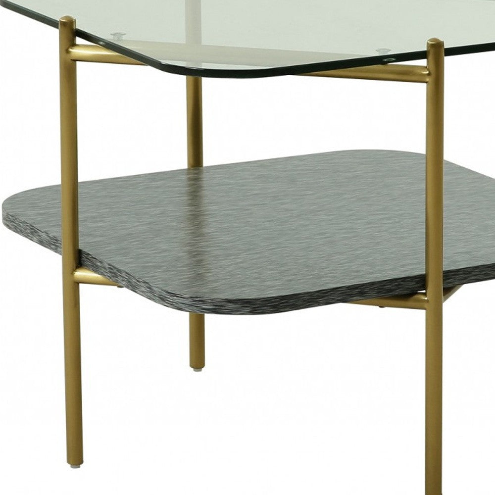 HMS 20\" Gold and Clear Glass Metal Square TV Stand with Shelf Elegant End Table with Storage