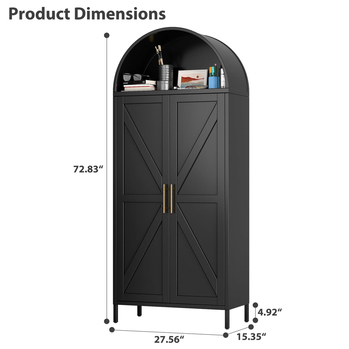 73-inch Tall Metal Arched Cabinet Modern Arch Bookshelf Display Internal Drawers Black FCJ for Home Office Bar Living Room