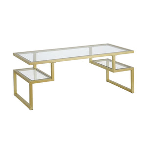 HMS 45\" Gold Glass and Steel Coffee Table for Living Room Rectangular Tempered Glass Top with Two Shelves