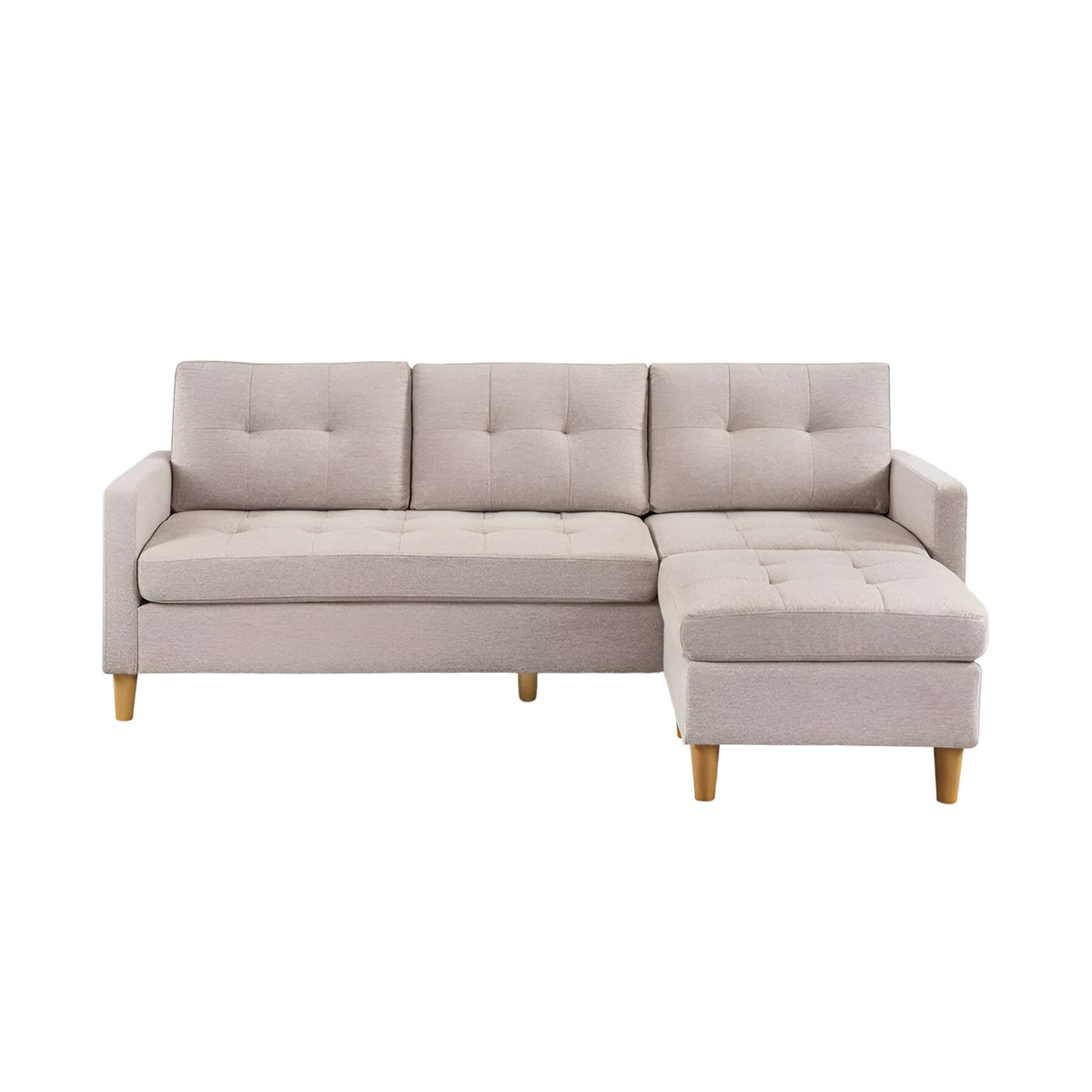 HMS 87 Beige Polyester Blend Chesterfield L-Shape Sofa Set for Home Living Rooms with Ottoman & Natural Legs