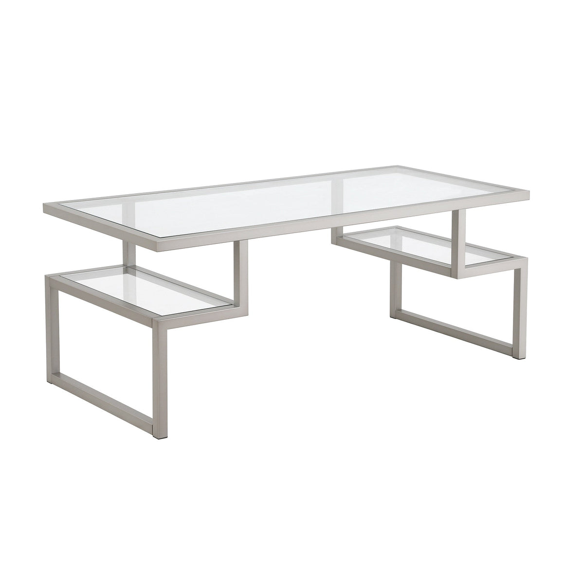 HMS 45 Convertible Silver Glass Steel Coffee Table Two Shelves Tempered Glass Top Farmhouse Style Side for Tea for Living Room