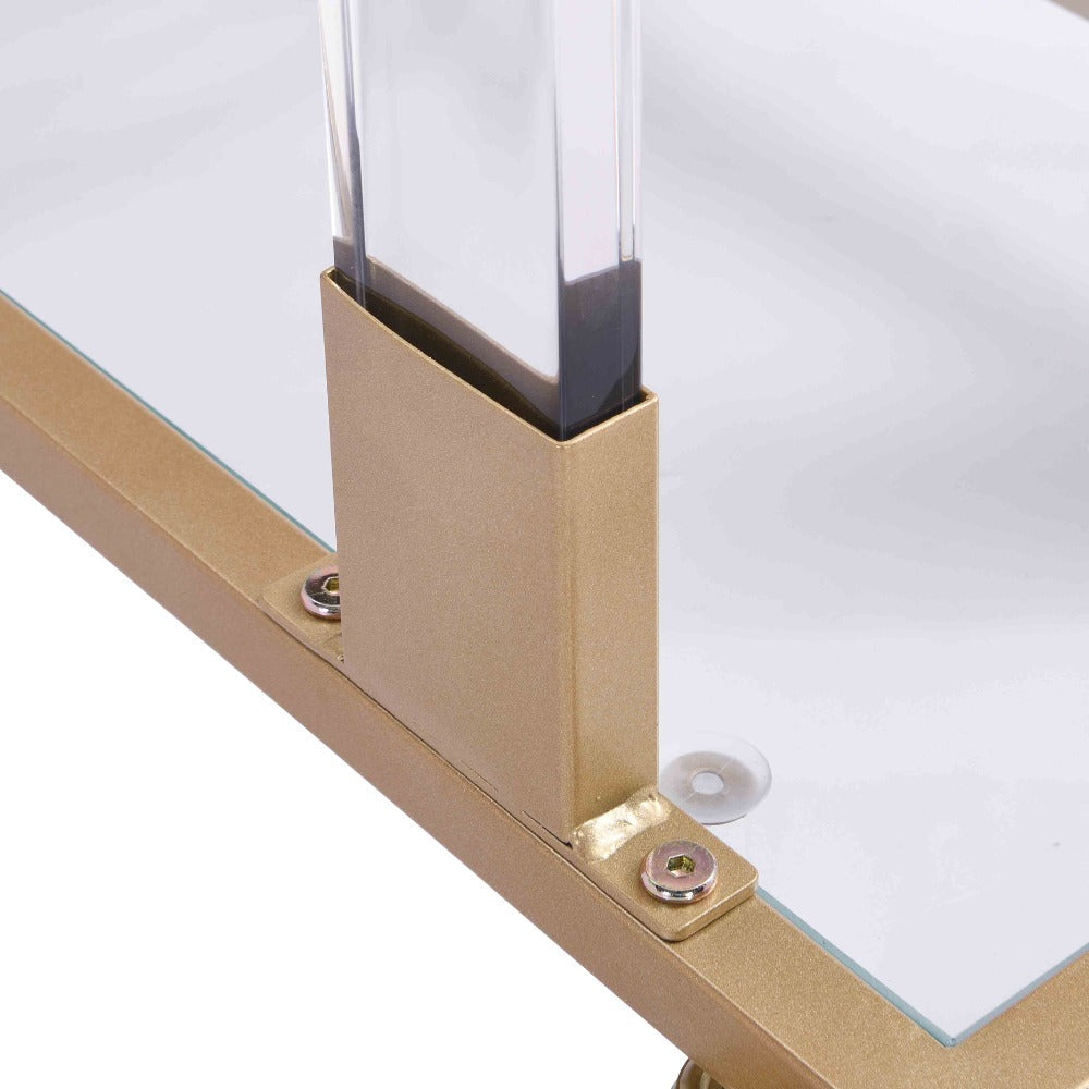 Golden Side Table, Acrylic Sofa Table, Glass Top C Shape Square Table with Metal Base for Living Room