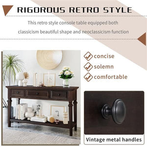 Classic Retro Style Espresso Console Table with Three Top Drawers and Open Bottom Shelf Easy Assembly