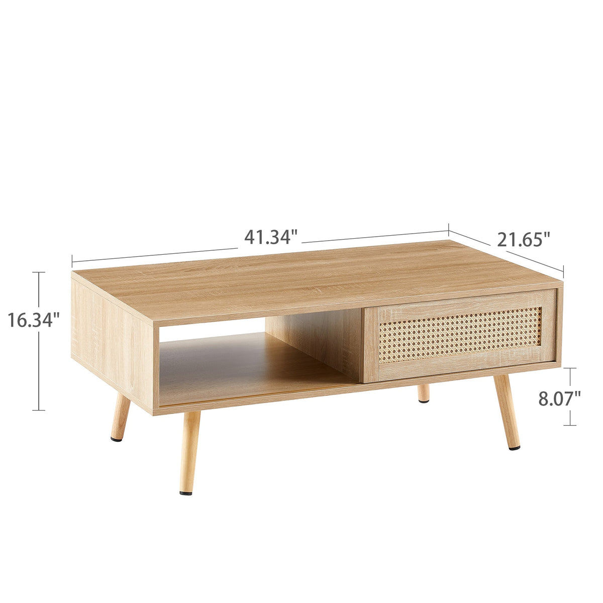 Rattan Coffee Table with Sliding Doors & Open Storage Shelf, Mid-Century Center Table for Small Space, Natural