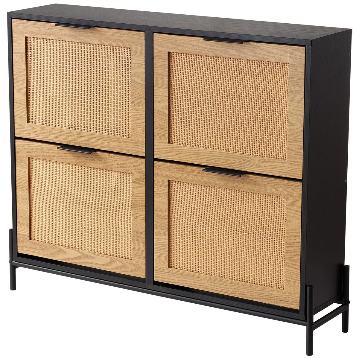 Narrow Entryway Storage Cabinet 4 Flip Drawers Rattan Shoe Organizer Light Wood Color Metal Legs Slim Shoe Rack for Closet