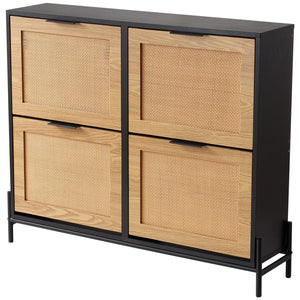 Narrow Entryway Storage Cabinet 4 Flip Drawers Rattan Shoe Organizer Light Wood Color Metal Legs Slim Shoe Rack for Closet