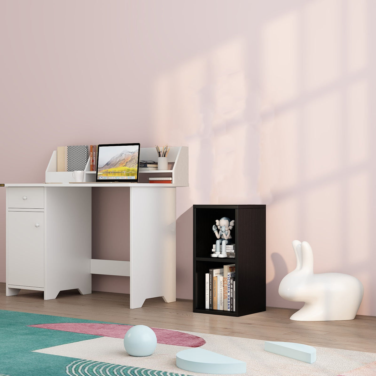 YQ FOREVER 2 Tier Black Bookcase Wooden Shelving Display Storage Unit Office Living Room Furniture
