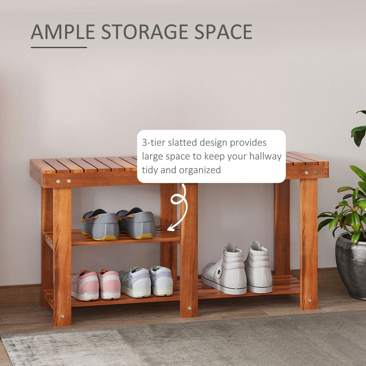 3-Tier Acacia Wood Shoe Storage Bench with Teak Finish for Hallway Shoe and Boot Organizer